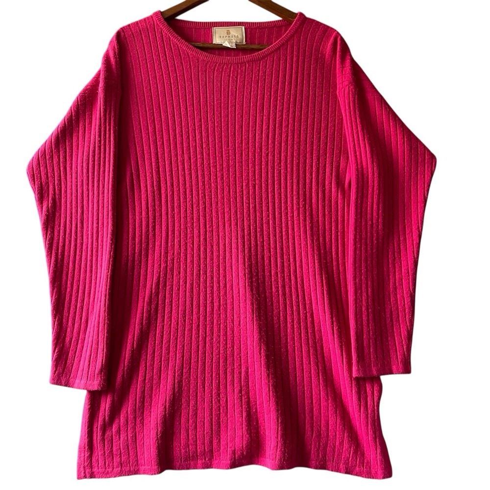 Vintage Tricot Express Women Sweater L Hot Pink Ribbed Tunic Y2K 90s Barbiecore